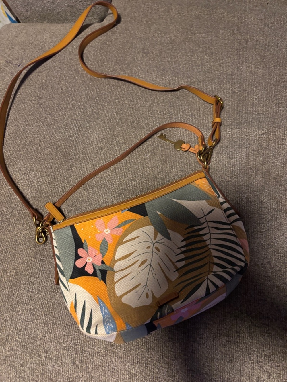 Fossil Leather-Trim Tropical Print Crossbody Bag - Mustard